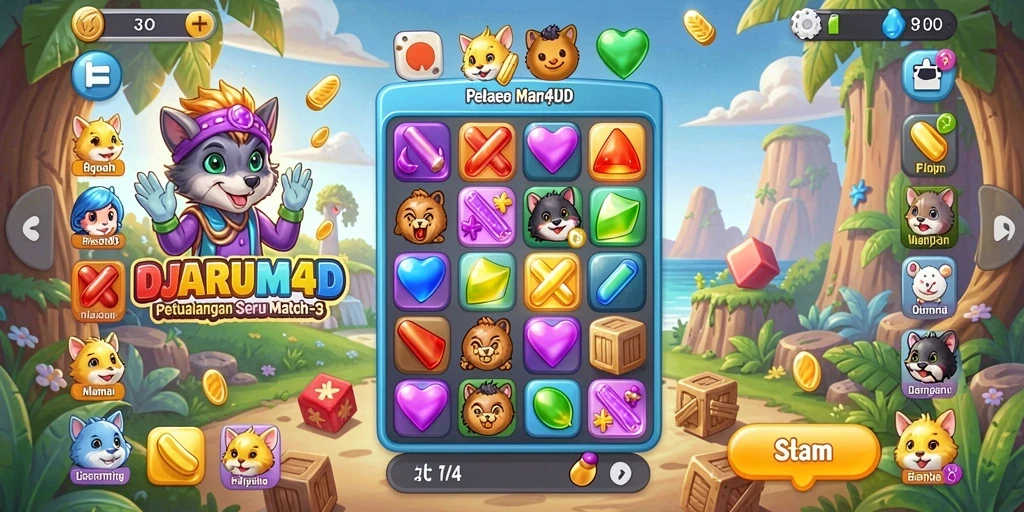Tampilan gameplay DJARUM4D yang penuh warna dalam mode Match-3.