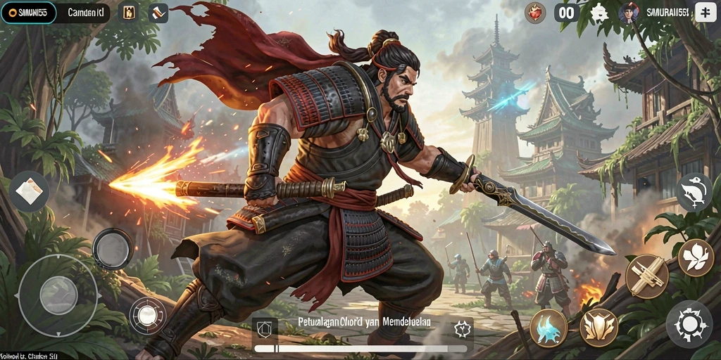 Screenshot gameplay SAMURAI555 menampilkan petualangan di dunia Open World yang luas.