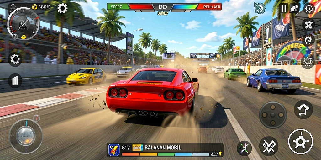 Screenshot gameplay SD107 yang menunjukkan aksi balapan yang mendebarkan.